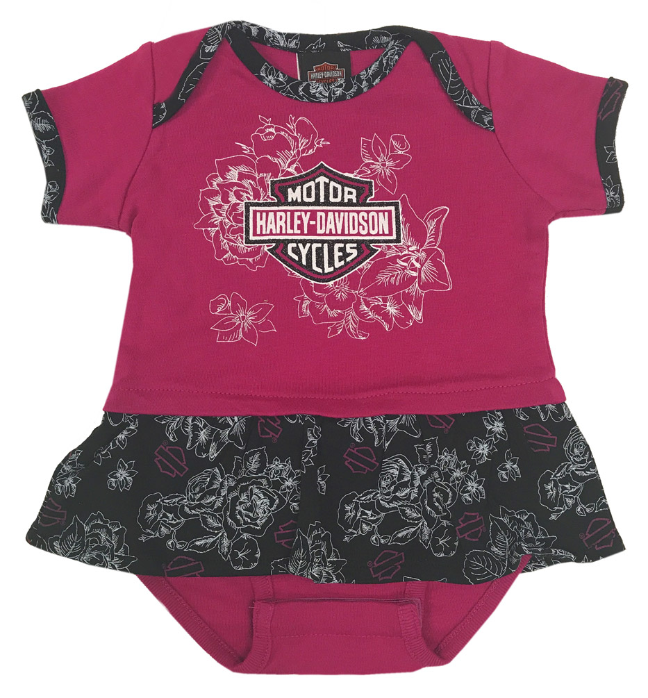 Harley-Davidson Baby Girls' Glittery Floral Peplum Newborn Creeper, Pink 3004621 - Wisconsin Harley-Davidson