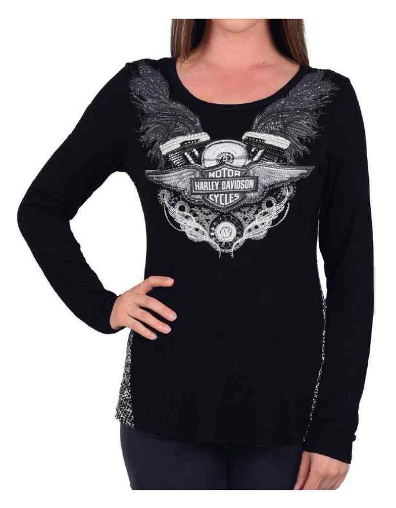 Harley-Davidson Women's V-Twin Angel Embellished Contrast Long Sleeve Shirt - Wisconsin Harley-Davidson