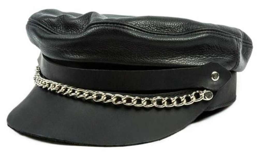 Mascorro Men's Flat Top Genuine Leather Biker Cap with Chain, Black Leather  C58
