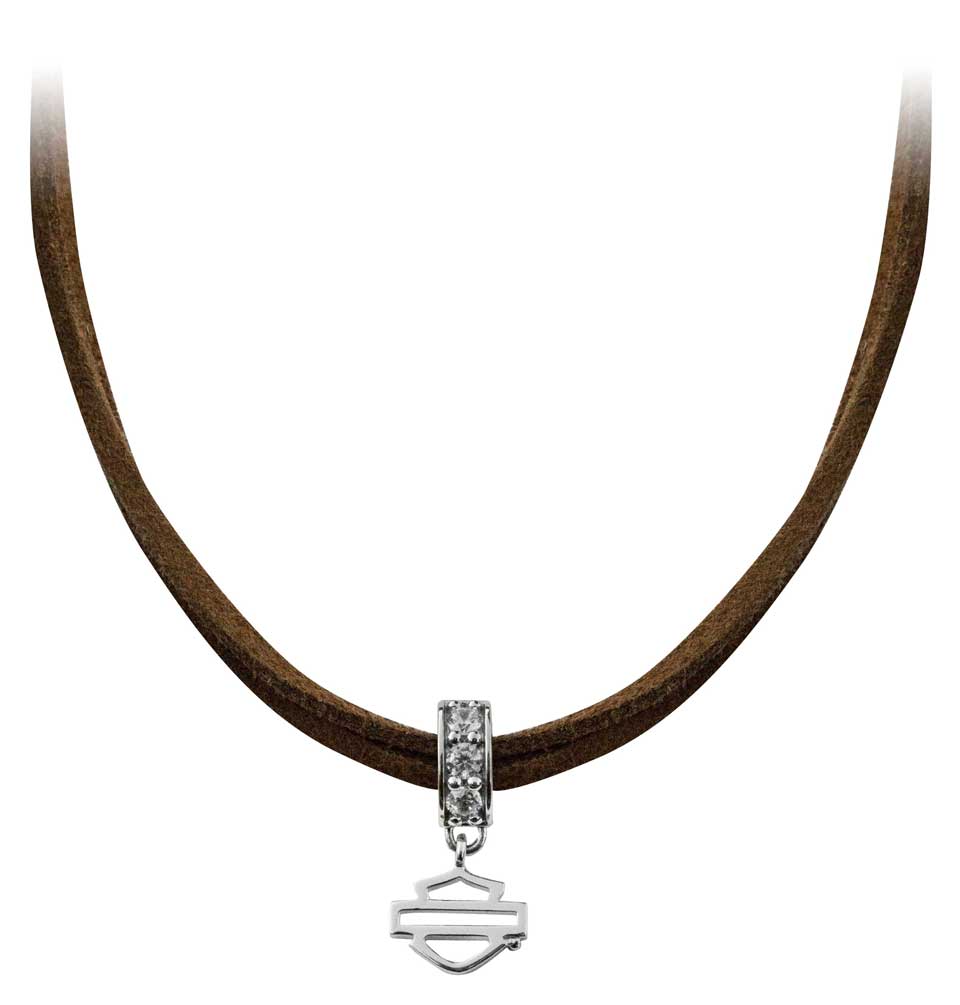 Harley-Davidson Women's Crystal Bar & Shield Charm Brown Leather Choker HDN0385 - Wisconsin Harley-Davidson