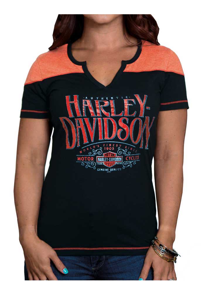 Harley-Davidson Women's Peerless Colorblocked Notched V-Neck Tee, Black - Wisconsin Harley-Davidson