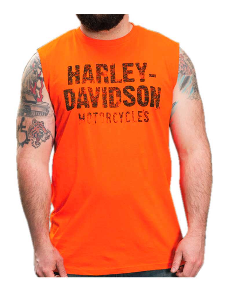 Harley-Davidson Men's Distressed Davis Sleeveless Muscle Tee, Bright Orange - Wisconsin Harley-Davidson