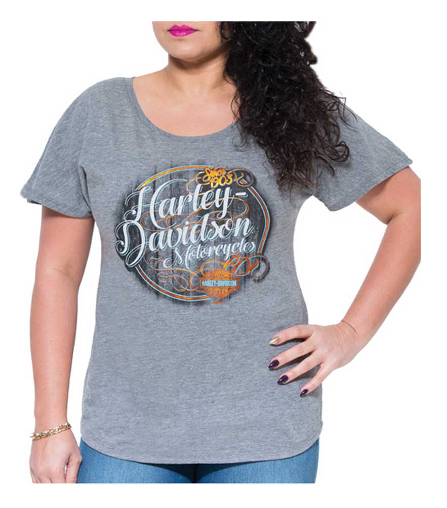 Harley-Davidson Women's Wood Lines Dolman Short Sleeve Tee, Premium Heather Gray - Wisconsin Harley-Davidson