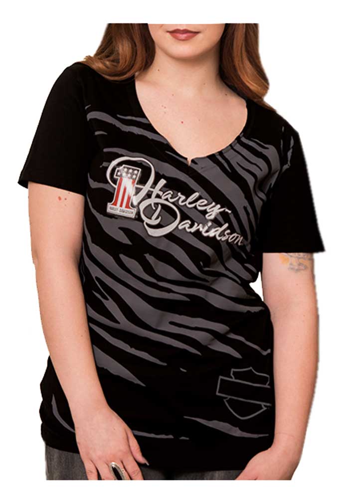 Harley-Davidson Women's Wild All-Over Print Raw Edge Short Sleeve Tee, Black - Wisconsin Harley-Davidson