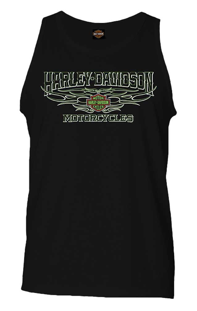 Harley-Davidson Men's Neon Green Fuel The Fire Sleeveless Muscle Tee, Black - Wisconsin Harley-Davidson