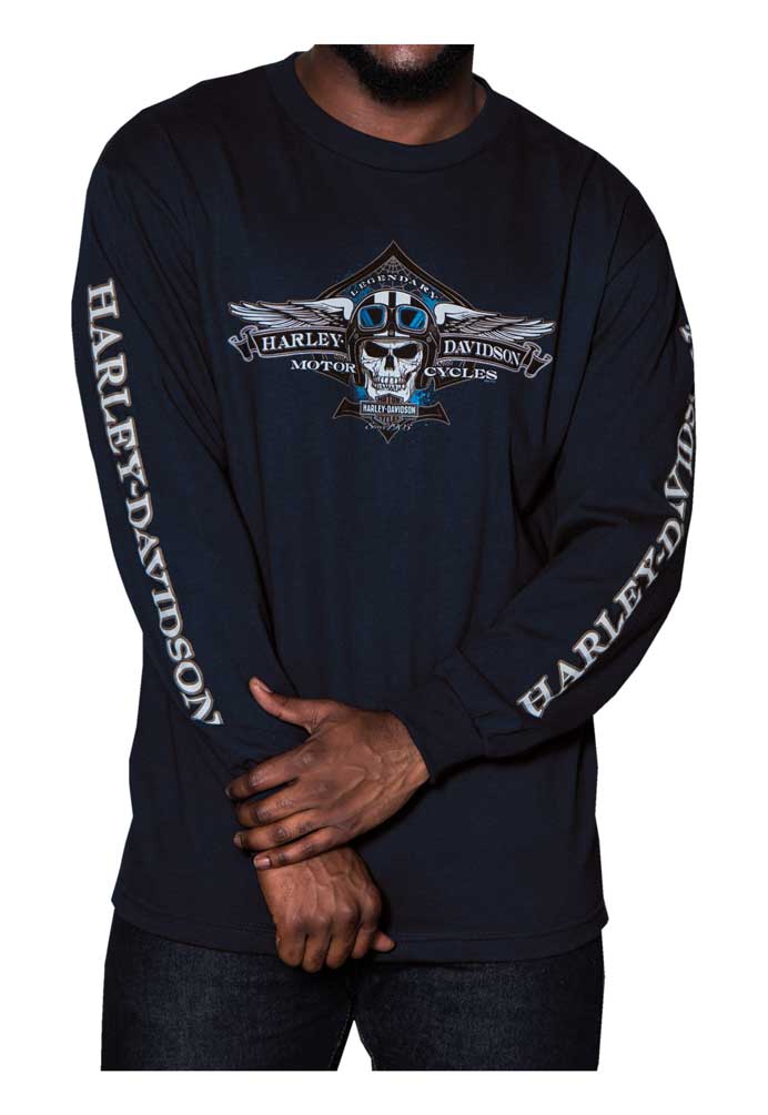 Harley-Davidson Men's Aviator Skull Long Sleeve Crew Neck Shirt, Navy Blue - Wisconsin Harley-Davidson