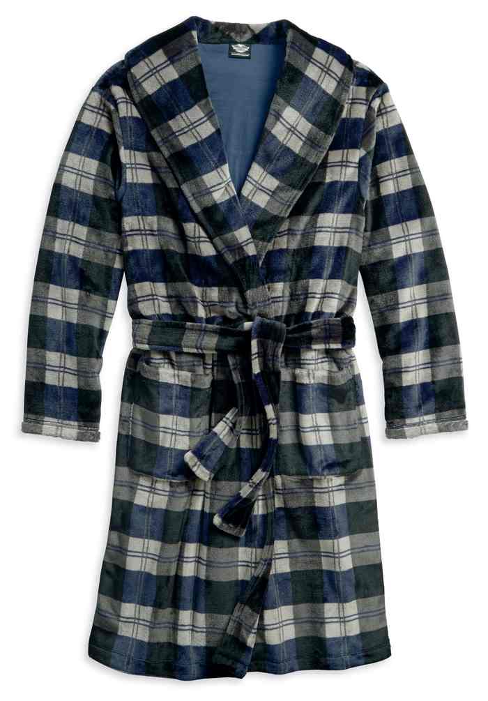 Harley-Davidson Men's Embroidered Plaid Fleece Bathrobe, 97790-18VM Bath Robe - Wisconsin Harley-Davidson