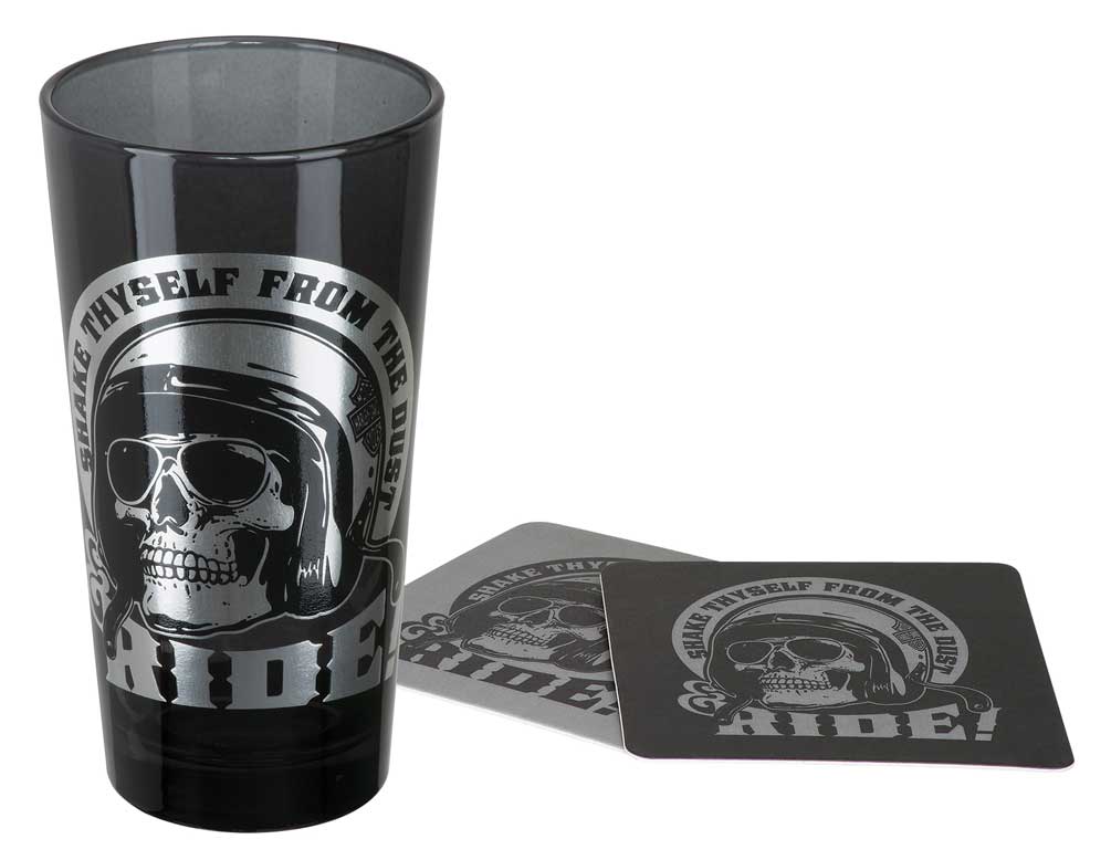 Harley-Davidson Skull Rider Tall Glass Set w/ Matching Coasters, 20oz. HDL-18781 - Wisconsin Harley-Davidson