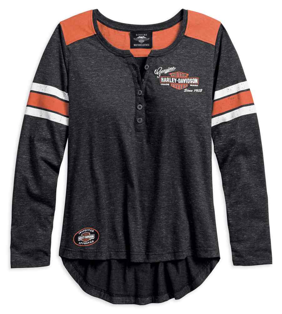 Harley-Davidson Women's Genuine Oil Can Long Sleeve Henley, Black 99070-18VW - Wisconsin Harley-Davidson