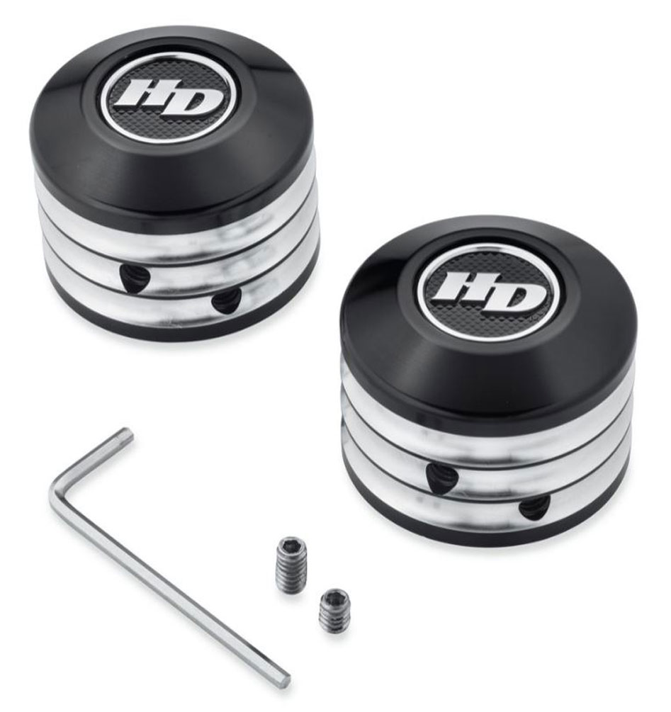 Harley-Davidson Defiance Front Axle Nut Covers - Black Cut Finish 43000064 - Wisconsin Harley-Davidson