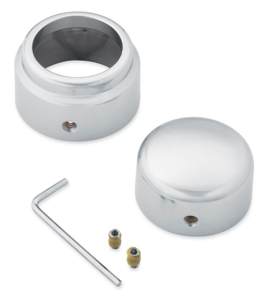 Harley-Davidson Fat Boy & Breakout Rear Axle Nut Covers - Satin Chrome 43000111 - Wisconsin Harley-Davidson