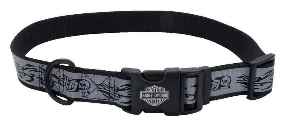 Harley-Davidson Adjustable Reflective Skull & Flames Dog Collar - Gray - Wisconsin Harley-Davidson