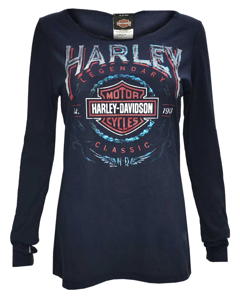 Harley-Davidson Women's Thunder Fury Long Sleeve Open Neck Jersey Tee, Navy - Wisconsin Harley-Davidson