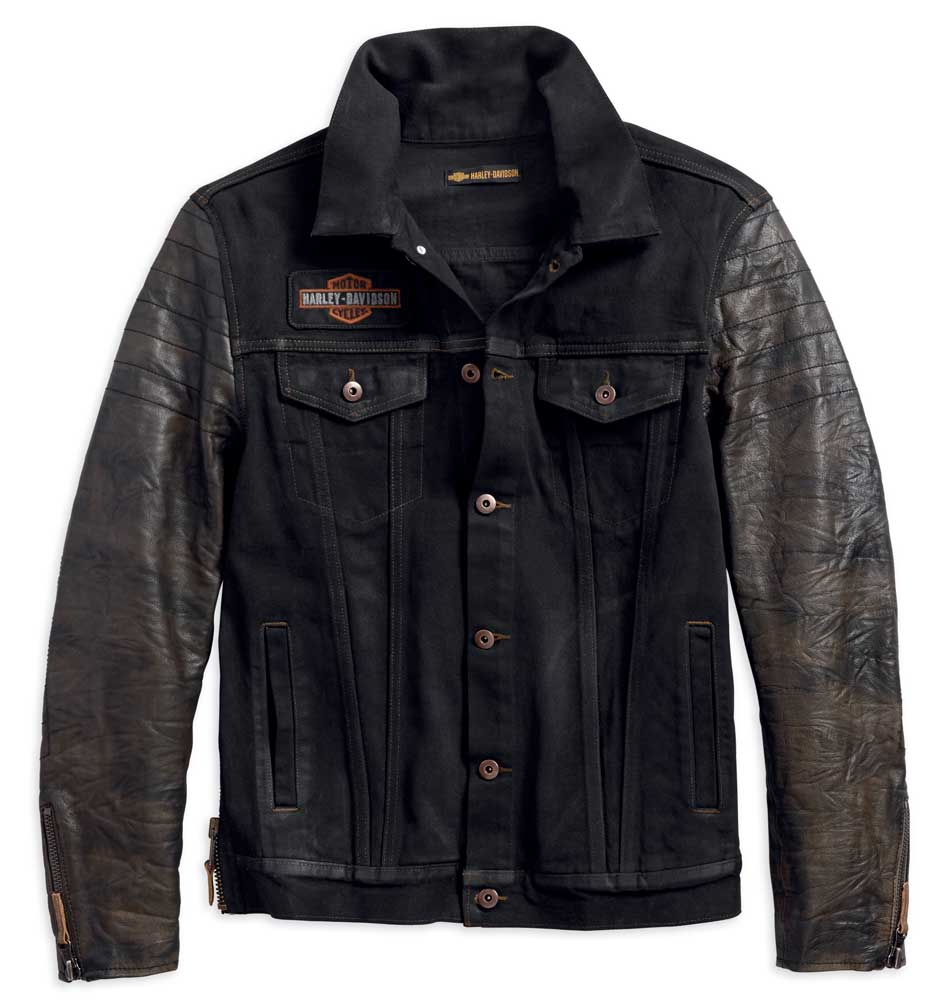 Harley-Davidson® Men's Leather Sleeve Denim Slim Fit Jacket, Black