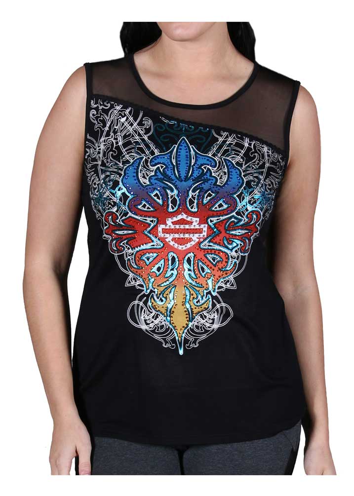 Harley-Davidson Women's Tribal Embellished Asymmetrical Mesh Tank Top, Black - Wisconsin Harley-Davidson