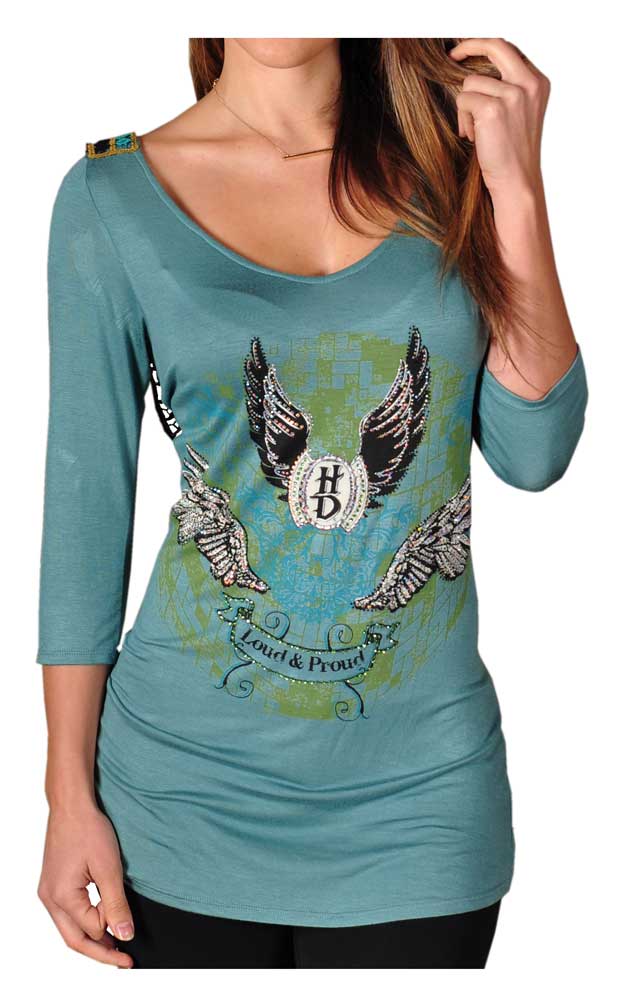 Harley-Davidson Women's Wings Embellished Low V-Neck 3/4 Sleeve Top, Blue - Wisconsin Harley-Davidson