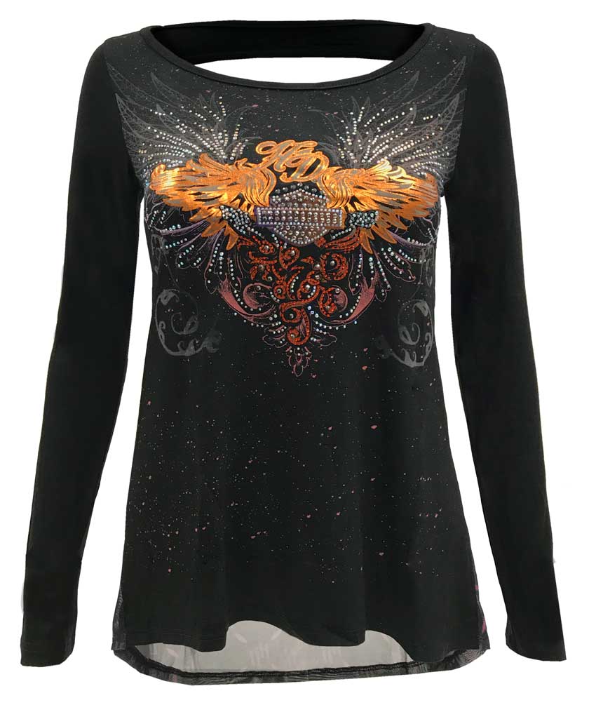 Harley-Davidson Women's Vinyl Wings Embellished Sheer Back Long Sleeve Top - Wisconsin Harley-Davidson