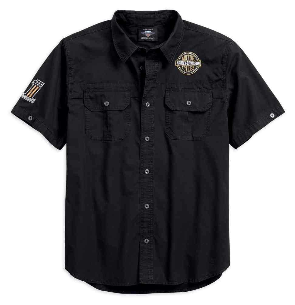 Harley-Davidson Men's Race Flag Short Sleeve Woven Shirt, Black 96188-18VM - Wisconsin Harley-Davidson