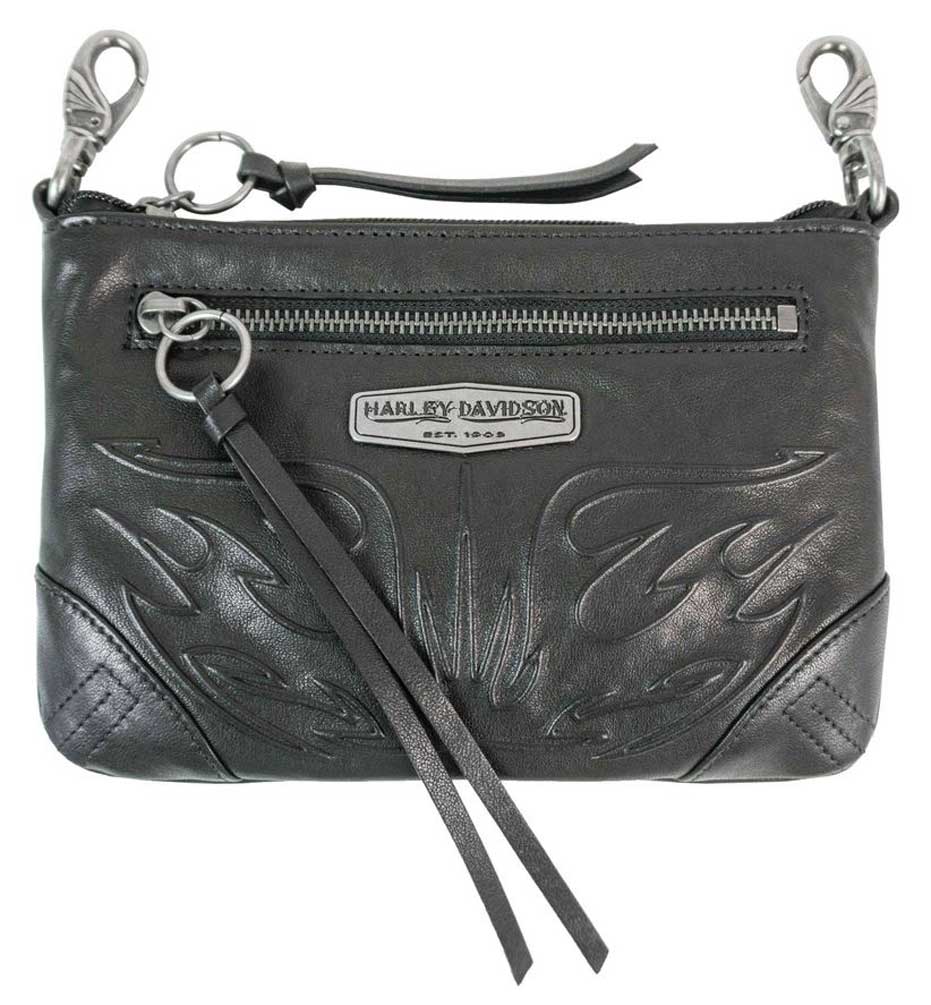 Harley-Davidson Women's Flame Embossed Leather Hip Bag w/ Strap FE2783L-BLK - Wisconsin Harley-Davidson