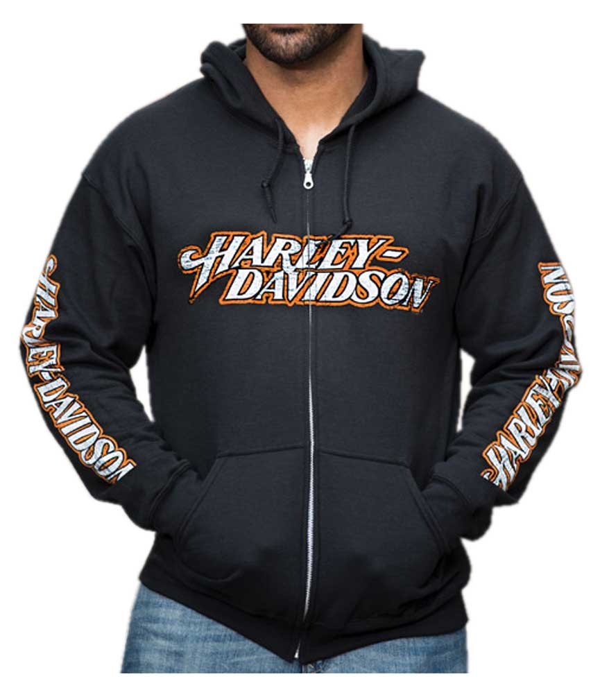 Harley-Davidson Men's Distressed Everlong H-D Script Zippered Hoodie, Black - Wisconsin Harley-Davidson