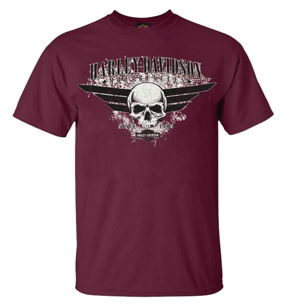 Harley-Davidson Men's Military Skull Short Sleeve Crew-Neck Shirt - Dark Red - Wisconsin Harley-Davidson