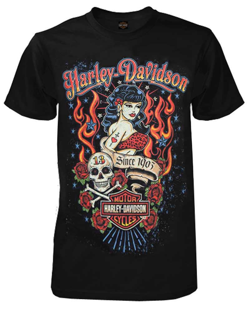 Harley-Davidson Men's On Fire Pin-Up Short Sleeve Crew-Neck T-Shirt, Black - Wisconsin Harley-Davidson