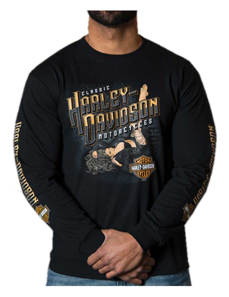 Harley-Davidson Men's Kickback Pin-Up Crew-Neck Long Sleeve Shirt - Black - Wisconsin Harley-Davidson