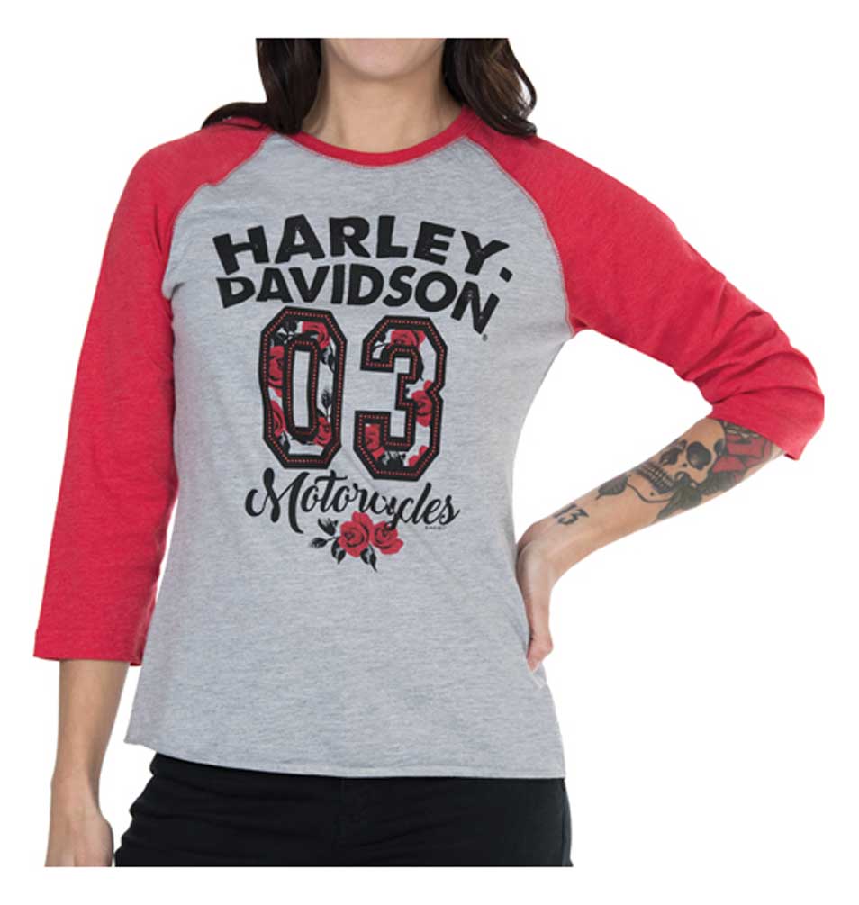 Harley-Davidson Women's Colorblocked Roses 3/4 Sleeve Raglan Tee, Gray/Red - Wisconsin Harley-Davidson