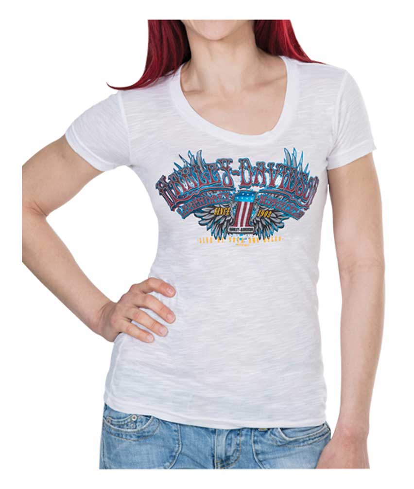 Harley-Davidson Women's Boulevard #1 Winged Foil Print Short Sleeve Tee, White - Wisconsin Harley-Davidson