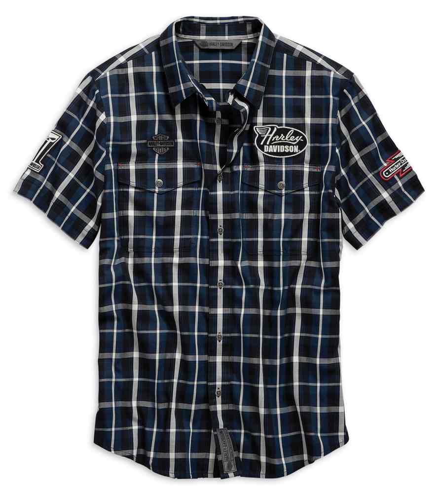 Harley-Davidson Men's Multi-Patch Slim Fit Plaid Short Sleeve Shirt 99145-19VM - Wisconsin Harley-Davidson