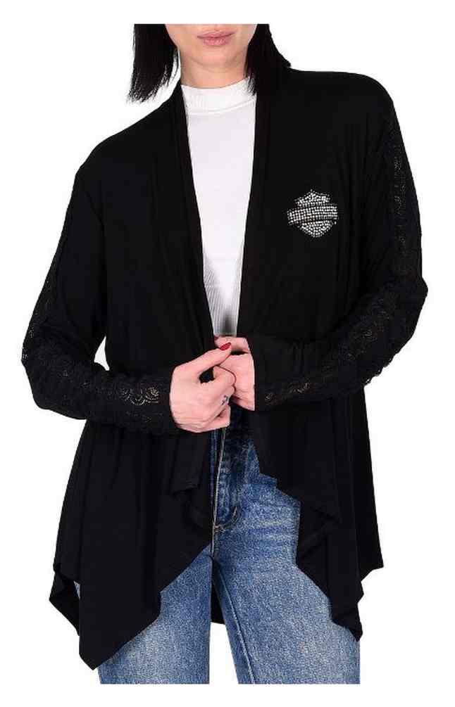 Harley-Davidson Women's Hearts Inferno Lace Trim Long Sleeve Cardigan, Black - Wisconsin Harley-Davidson