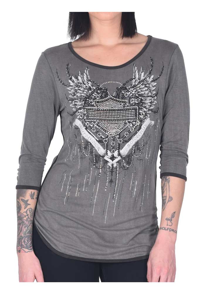 Harley-Davidson Women's Fly Free Embellished 3/4 Sleeve Scoop Neck Top, Gray - Wisconsin Harley-Davidson