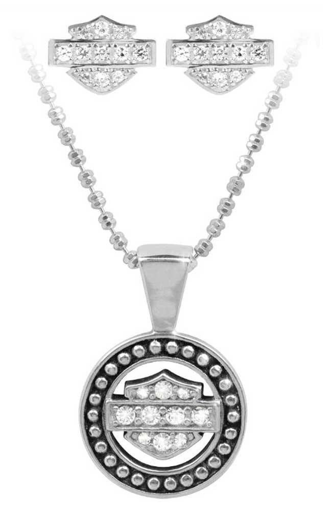 Harley-Davidson® Women's White Crystal B&S Necklace & Earring Set