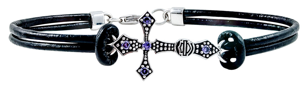 Harley-Davidson Women's Beaded Cross Leather Bracelet w/ Purple Stones HDB0358 - Wisconsin Harley-Davidson