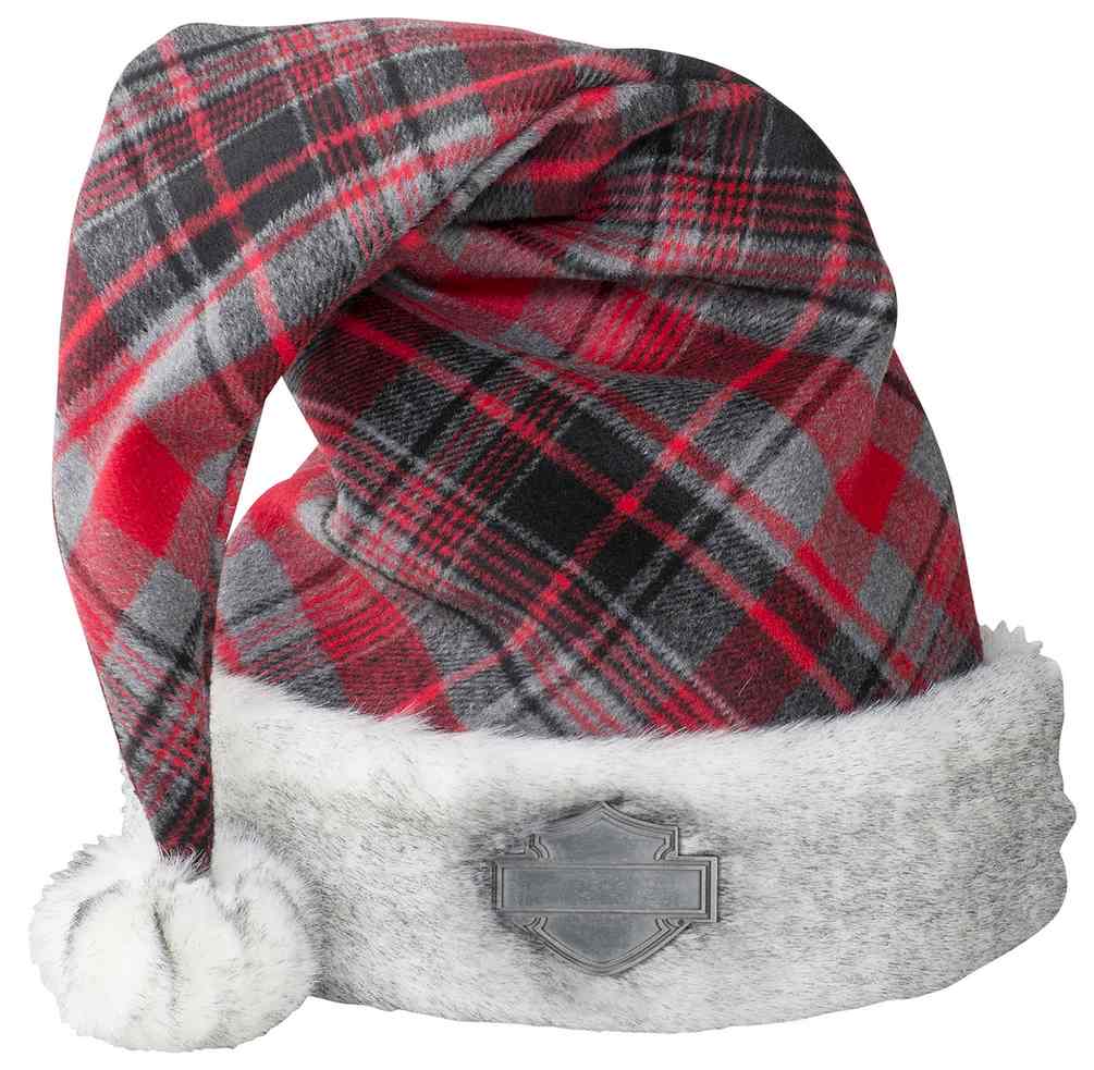 Harley-Davidson® Winter Holiday Santa Hat - Red Plaid w/ Satin Lining