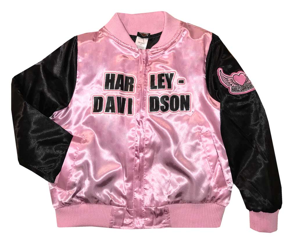 Harley-Davidson Big Girls' Glitter Satin Bomber Jacket, Pink & Black 6044847 - Wisconsin Harley-Davidson