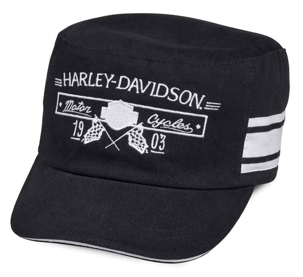 Harley-Davidson Women's Race Stripe Flat Top Cap, Black & White 97656-18VW - Wisconsin Harley-Davidson