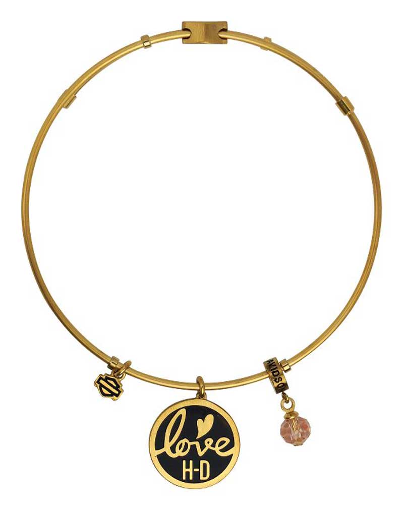 Harley-Davidson Women's Gold Tone Love Charm Bangle Bracelet, 7.5 in HSB0032-7.5 - Wisconsin Harley-Davidson