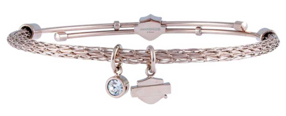 Harley-Davidson® Women's Rose Gold Tone B&S Charm Mesh Bangle