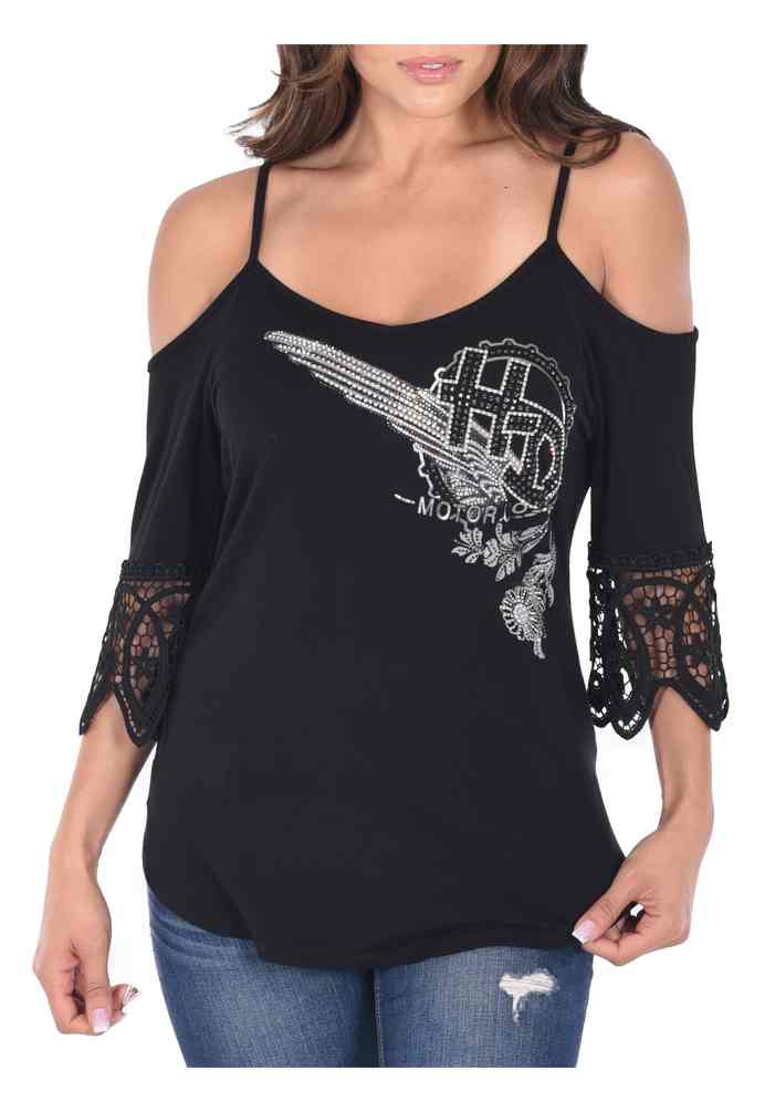 Harley-Davidson Women's Deco Daisy Cold Shoulder w/ Straps 3/4 Sleeve Top, Black - Wisconsin Harley-Davidson