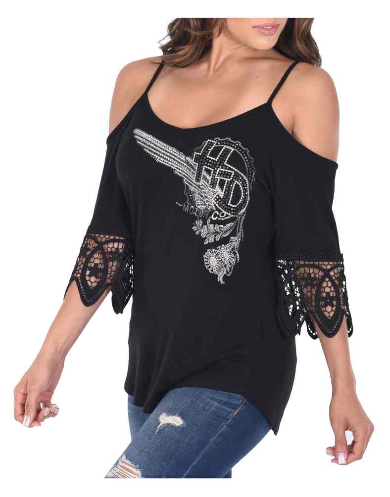 Harley-Davidson Free Shipping - Harley-Davidson Women's Deco Daisy Cold Shoulder w/ Straps 3/4 Sleeve Top, Black - Free Shipping on many products plus Orders Over $99