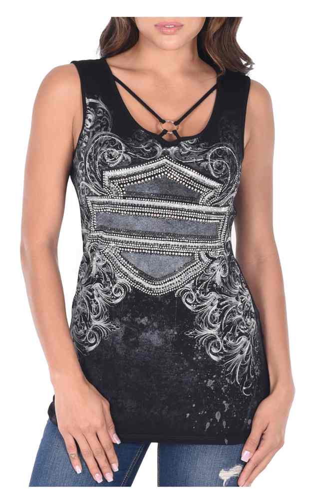 Harley-Davidson Women's Automatic Onyx Embellished O Ring Tank Top - Black - Wisconsin Harley-Davidson
