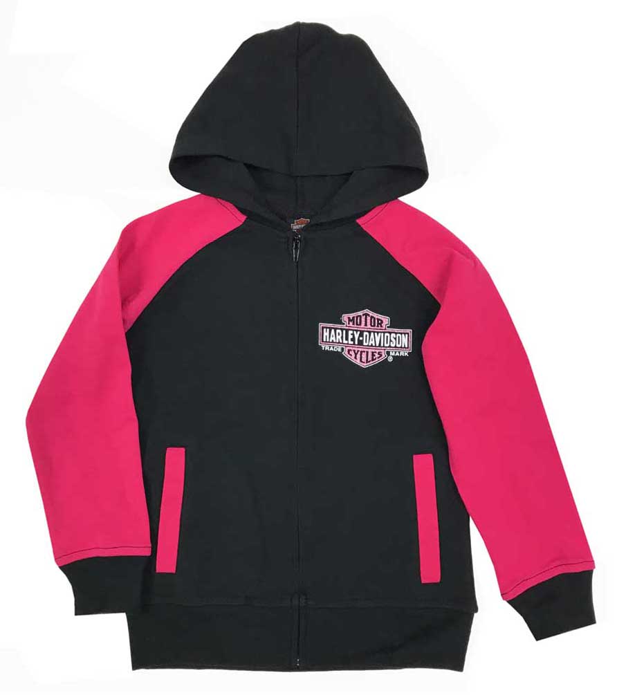 Harley-Davidson Little Girls' Glittery B&S Knit Zipper Hoodie, Black & Pink - Wisconsin Harley-Davidson