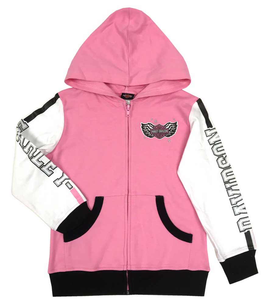 Harley-Davidson Little Girls' Colorblocked Knit Zipper Hoodie, Light Pink - Wisconsin Harley-Davidson