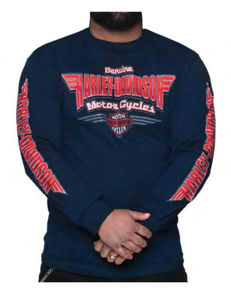 Harley-Davidson Men's Roaming Emblem Long Sleeve Crew Neck Shirt, Navy - No Hassle Returns at Wisconsin Harley