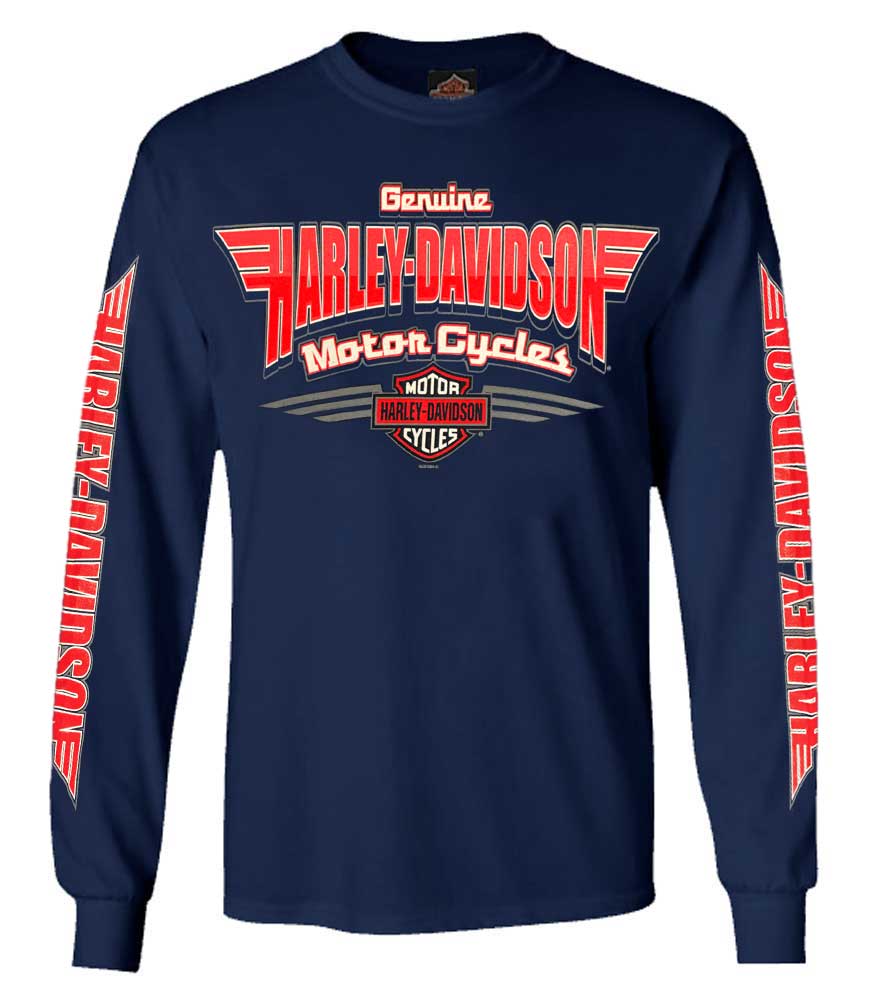 Harley-Davidson Men's Roaming Emblem Long Sleeve Crew Neck Shirt, Navy - Wisconsin Harley-Davidson