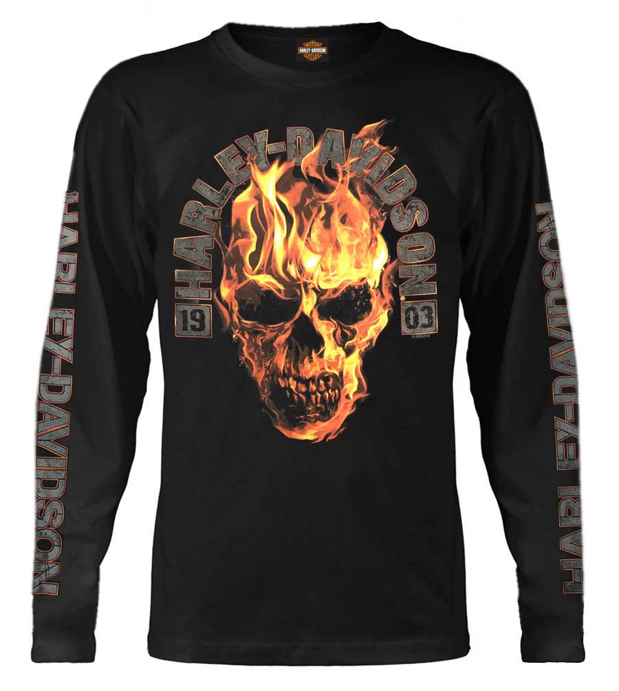 Harley-Davidson Men's Blazing Skull Crew Neck Long Sleeve Shirt - Black - Wisconsin Harley-Davidson