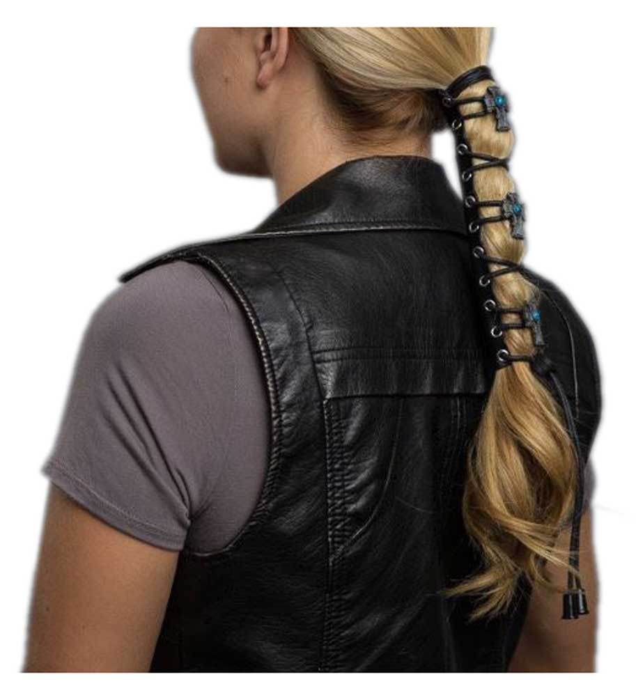 Hair Gloves Women's Leather Hair Wrap With Vintage Cross & Laces, 8 in. 31852 - No Hassle Returns at Wisconsin Harley
