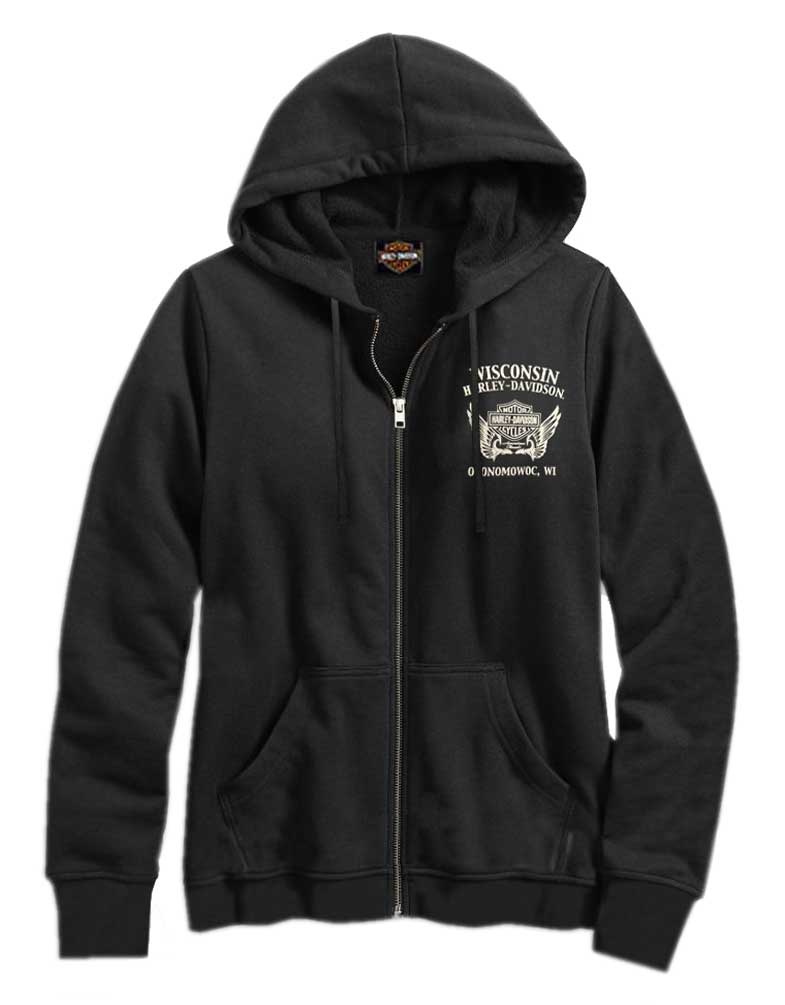 Harley-Davidson Women's Angelic Embellished Wings Zip-Up Hoodie - Black - Wisconsin Harley-Davidson