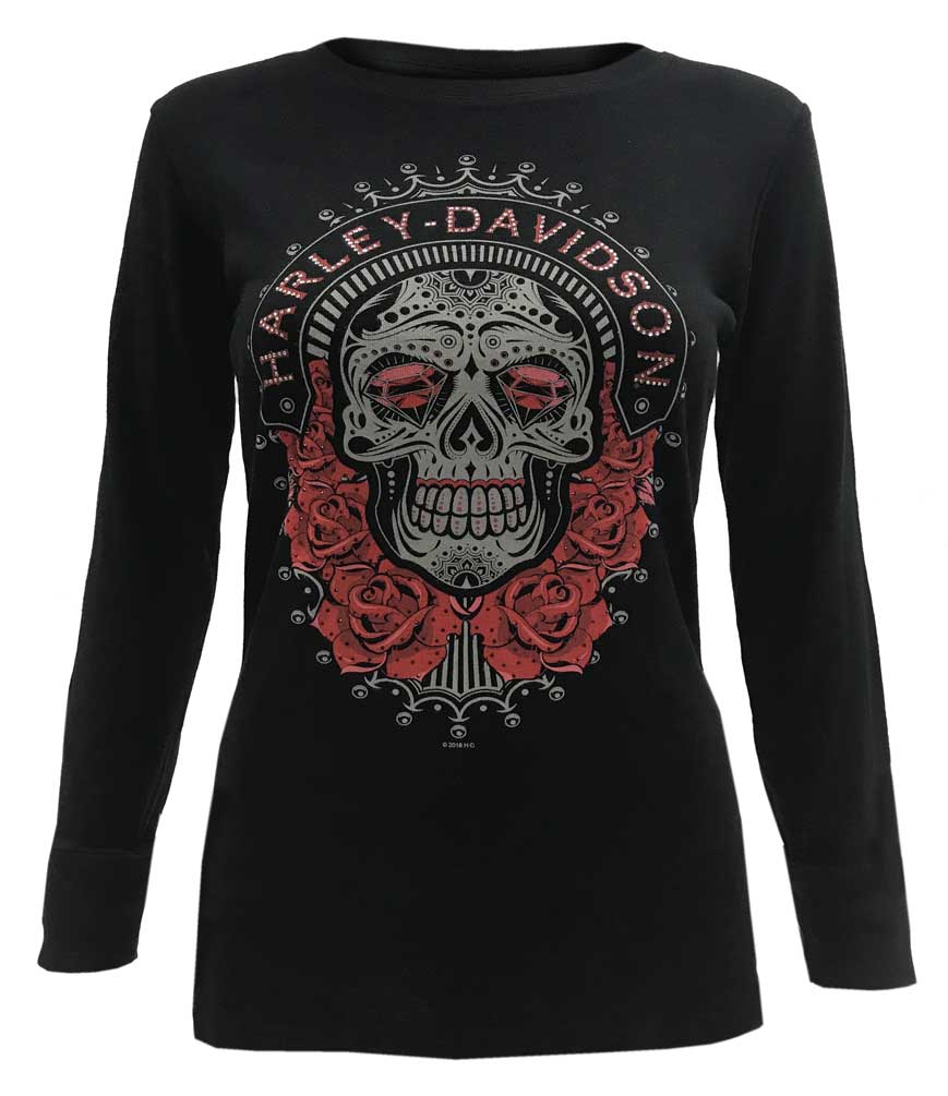 Harley-Davidson Women's Sugar Skull Embellished Long Sleeve Cotton Shirt - Black - Wisconsin Harley-Davidson